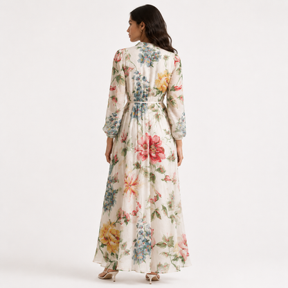 Ivory Floral Print Collar Neck Long Sleeve Belted Maxi Dress