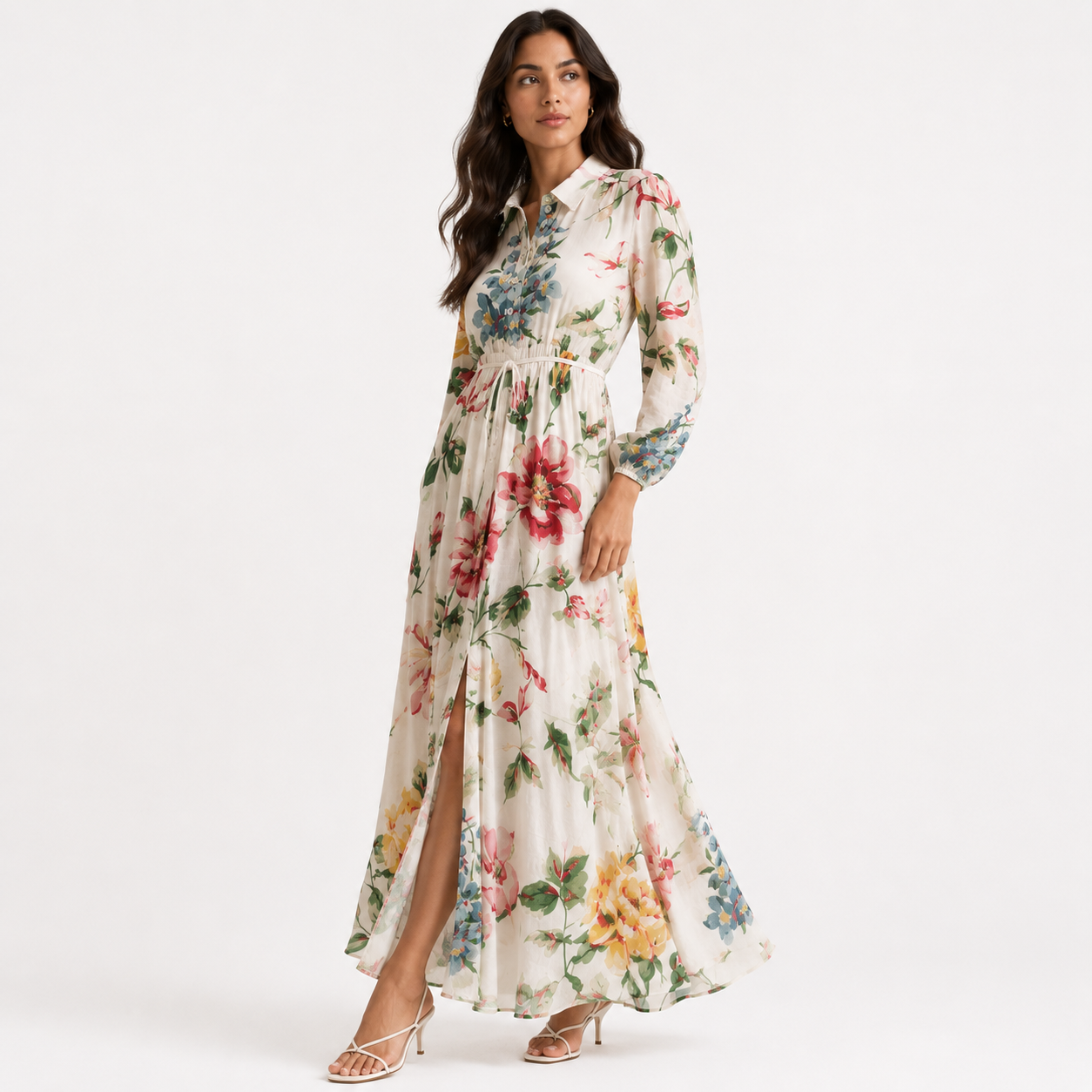 Ivory Floral Print Collar Neck Long Sleeve Belted Maxi Dress