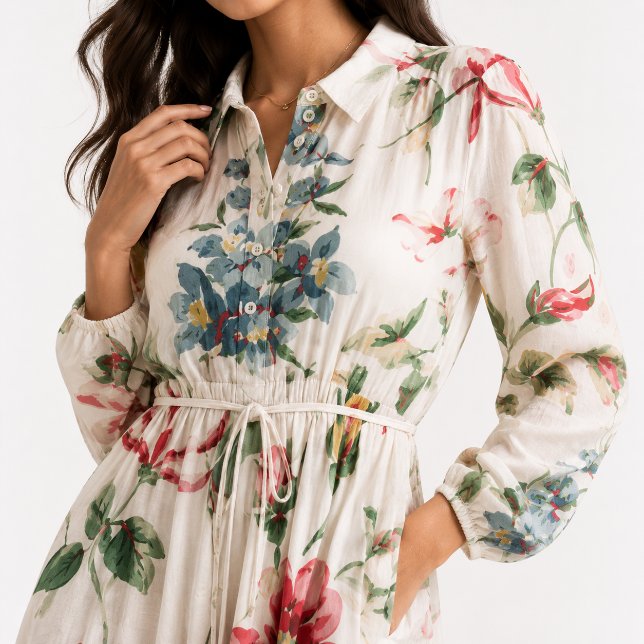 Ivory Floral Print Collar Neck Long Sleeve Belted Maxi Dress