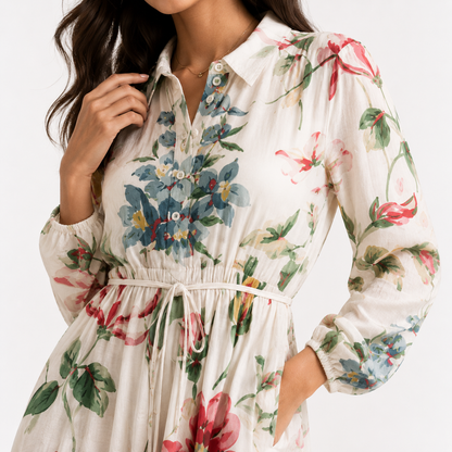 Ivory Floral Print Collar Neck Long Sleeve Belted Maxi Dress