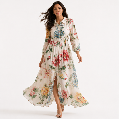Ivory Floral Print Collar Neck Long Sleeve Belted Maxi Dress