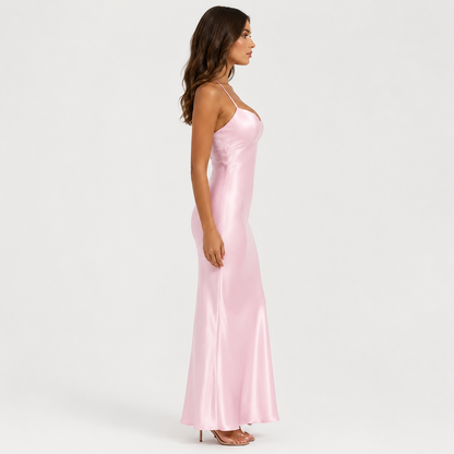 Baby Pink Satin Cowl Neck Halter Bodycon Maxi Dress