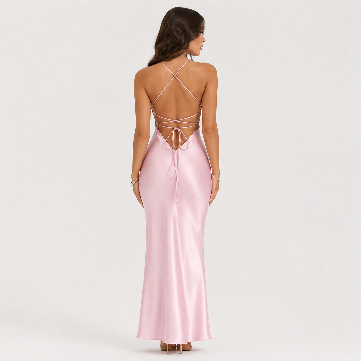 Baby Pink Satin Cowl Neck Halter Bodycon Maxi Dress